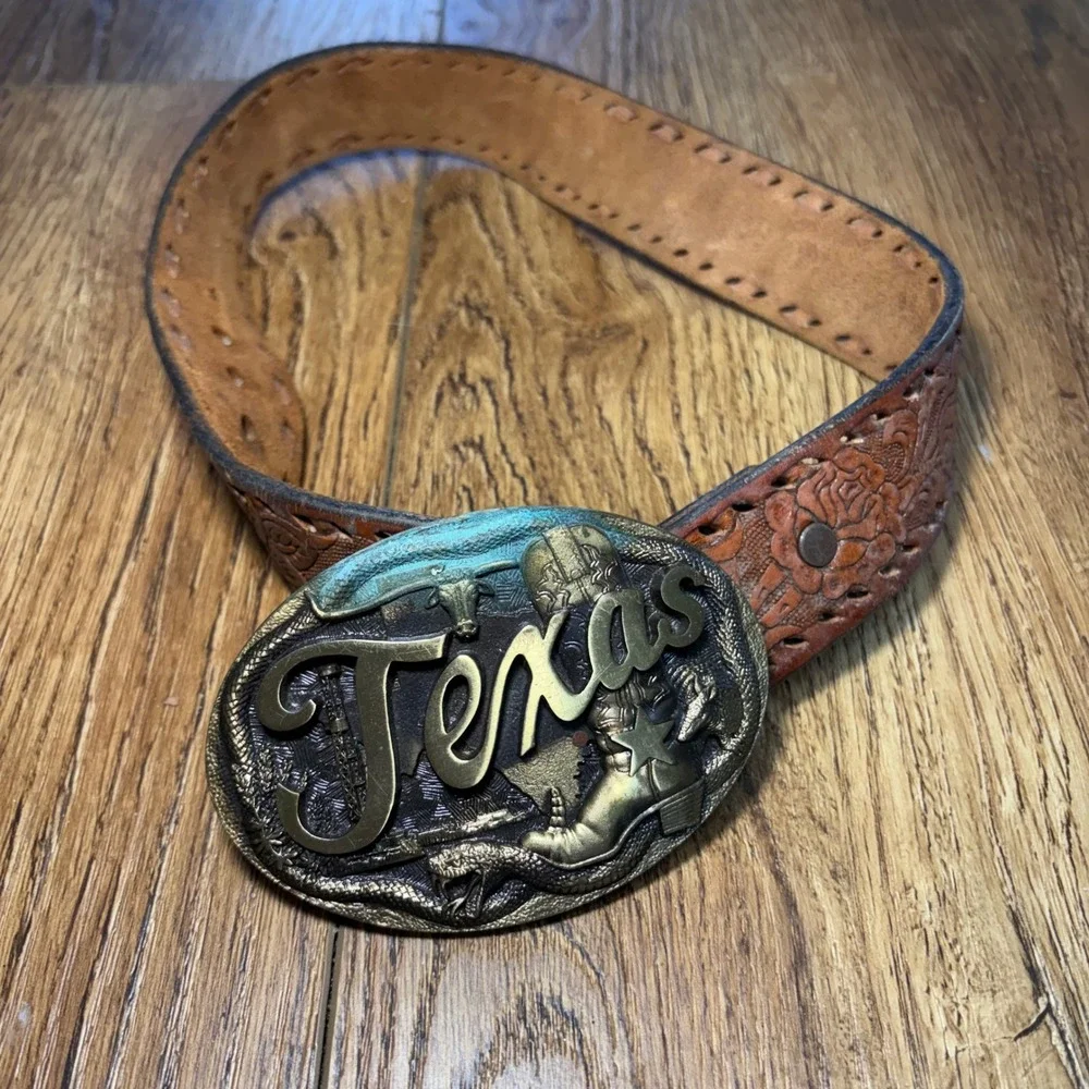 VTG 1985 High Mesa Texas Bronze Buckle Tooled Engraved Leather Kids‎ Belt Floral